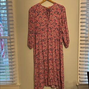 Sunday Pink Floral Midi Dress with Tie Neck